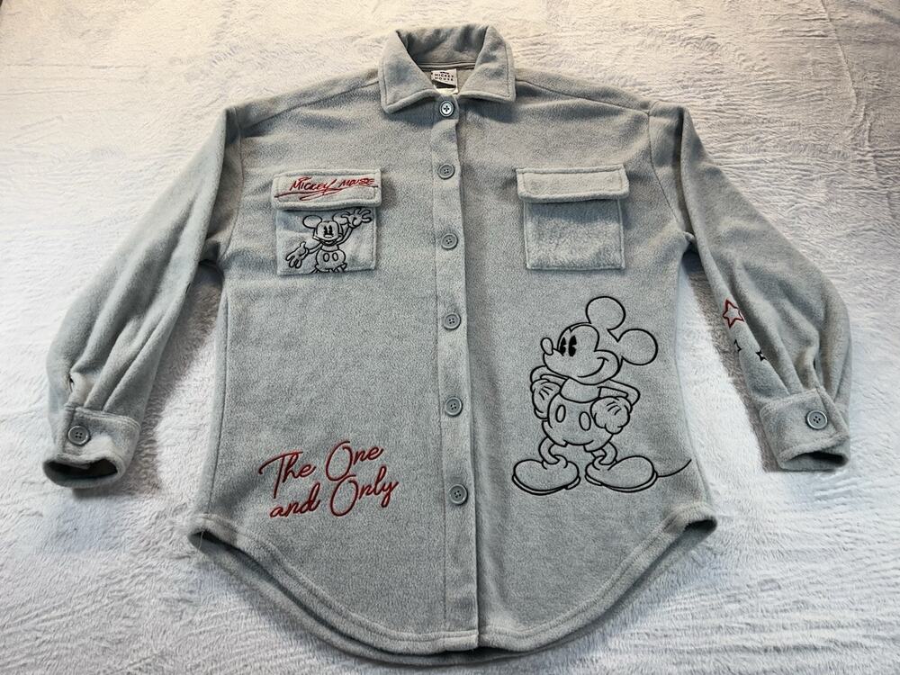 Disney Mickey Mouse Fleece Shacket Womens XXS Gray Embroidered Button Front